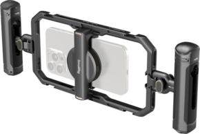 SmallRig_45971 The smartphone is attached to a black SmallRig 4597 All-in-One Video Kit for Smartphone Creators Quick Basic Edition video case with two side handles for stable shooting and a visible brand logo, and the phone's camera lenses are visible.