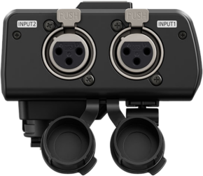 800q-01_107495 Close-up of the Panasonic XLR1 audio connector in black, featuring two XLR input ports labelled INPUT1 and INPUT2, each with a PUSH button above and protective covers hanging down below.