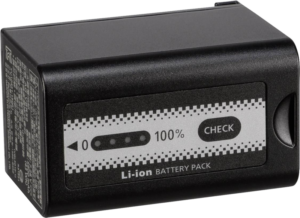 800q-01_107757 The Panasonic AG-VBR59E battery is a rectangular black Li-ion pack with a label with a battery indicator light (0-100 %), three dots, a CHECK button and white and grey printed text and symbols.