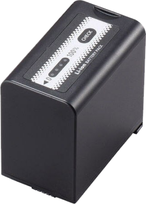 800q-01_107758 The Panasonic AG-VBR89G battery is a rectangular black lithium-ion battery with a power check button on the top label, LED indicator lights and 100 %. It is shown vertically on its shorter side.