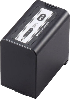 800q-01_107758 The Panasonic AG-VBR89G battery is a rectangular black lithium-ion battery with a power check button on the top label, LED indicator lights and 100 %. It is shown vertically on its shorter side.