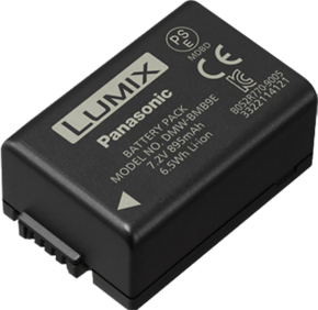 800q-01_108316 The Panasonic DMW-BMB9E battery is a black rectangular 7.2 V, 895 mAh, 6.5 Wh battery with certification and safety markings.