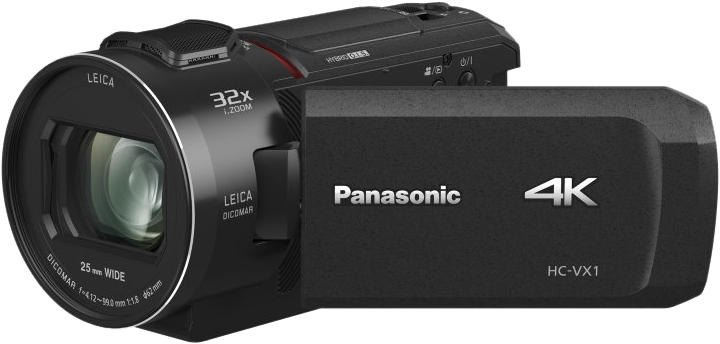 800q-01_109411 Musta Panasonic HC-VX1 -videokamera, jossa on suuri objektiivi, sivussa oleva käsihihna ja ulosvedettävä näyttö, jossa on Panasonic- ja 4K-logot.