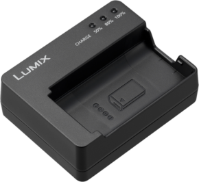 800q-01_111357 The Panasonic S-series battery charger DMW-BTC14E has CHARGE, 50 %, 80 % and 100 % indicator lights and is designed to hold and charge your camera batteries.
