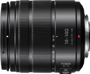 800q-01_111679 Panasonic Lumix G Vario 14-140mm f/3.5-5.6 II ASPH Power O.I.S. lens, black, with textured grip handles, marked 14-140mm, with POWER O.I.S. on/off switch and distance markings in metres and feet.