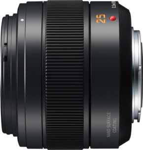 800q-01_112380 Side view of the Panasonic 25mm f/1.4 II Leica DG Summilux ASPH in black with textured focus ring, orange "25" marking, "NANO SURFACE COATING" near the bottom and minimalist metallic highlights.