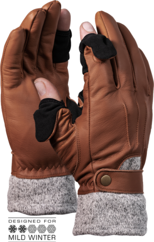 The Vallerret Urbex Photography Glove - Brown XS features brown leather, grey knitted cuffs and black fabric fingertip openings. The text says: Designed for Mild Winter with snowflake icons.