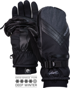 800q-01_114591 Pari mustaa Vallerret Skadi Zipper Mitt PSP - Black XS -käsineitä, joissa on säädettävät rannelenkit, kuvioidut kämmenet, vetoketjullinen tasku ja "Designed for Deep Winter" sekä kolme lumihiutalekuvaketta alla.