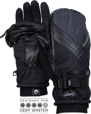 800q-01_114591 Pari mustaa Vallerret Skadi Zipper Mitt PSP - Black XS -käsineitä, joissa on säädettävät rannelenkit, kuvioidut kämmenet, vetoketjullinen tasku ja "Designed for Deep Winter" sekä kolme lumihiutalekuvaketta alla.