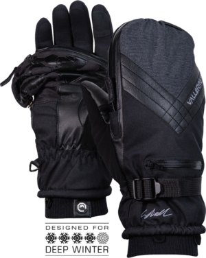 800q-01_114591 Pari mustaa Vallerret Skadi Zipper Mitt PSP - Black XS -käsineitä, joissa on säädettävät rannelenkit, kuvioidut kämmenet, vetoketjullinen tasku ja "Designed for Deep Winter" sekä kolme lumihiutalekuvaketta alla.