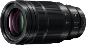 800q-01_114787 The black Panasonic Leica DG Vario-Elmarit 50–200mm f/2.8–4 ASPH Power O.I.S. lens features a textured grip, focus and zoom rings, marked autofocus/manual focus and Power O.I.S. switches, and a subtly reflective front element.