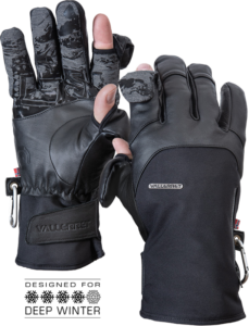800q-01_116693 Pari Vallerret Tinden Photography Gloves (XS), musta, valmistettu nahasta ja kankaasta, jossa on taittuvat sormi- ja peukalokärjet, Vallerret-logo ja joka on suunniteltu syviin talviolosuhteisiin.