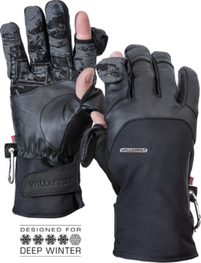 800q-01_116693 Pari Vallerret Tinden Photography Gloves (XS), musta, valmistettu nahasta ja kankaasta, jossa on taittuvat sormi- ja peukalokärjet, Vallerret-logo ja joka on suunniteltu syviin talviolosuhteisiin.