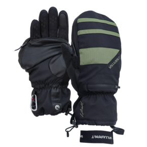 800q-01_121314 Pari Vallerret Skadi Zipper Mitt LRS - Green Limited Edition S -eristettyjä talvikintaita mustavihreällä ja mustalla, joissa on vahvistetut kämmenet, säädettävät rannelenkit ja VALLERRET-logo hihansuissa; yksi kämmenpuoli ja yksi selkäpuolella.