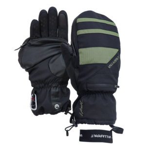 800q-01_121314 Pari Vallerret Skadi Zipper Mitt LRS - Green Limited Edition S -eristettyjä talvikintaita mustavihreällä ja mustalla, joissa on vahvistetut kämmenet, säädettävät rannelenkit ja VALLERRET-logo hihansuissa; yksi kämmenpuoli ja yksi selkäpuolella.