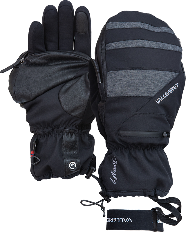 Pari Vallerret Skadi Zipper Mitt LRS - Black XS -käsineitä, joista toisessa kämmen ylöspäin, jossa näkyy pitotekstiili ja vetoketjutasku, toisessa takana harmaat raidat, allekirjoitus, joustava ranne ja säädettävä hihna.