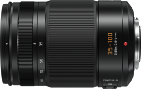 800q-01_126122 The black Panasonic Leica DG Vario Elmarit 35-100mm f/2.8 ASPH Power O.I.S. lens features focal length markings, focus and zoom rings, Power O.I.S. switch and a metal mount on the right side.