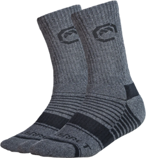 800q-01_126642 Vallerret Merino Wool Crew Sock - Grey Winter (36-40) on harmaa, puoliväliin ulottuva sukka, jossa on uurrettu hihansuu, tummat korostukset, logo lähellä yläosaa, kuvioitu kuviointi ja vahvistetut varpaat ja kantapäät lisäävät mukavuutta ja kestävyyttä.
