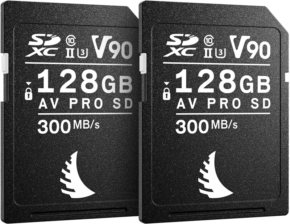 800q-01_127889 ANGELBIRD SD Match Pack for Canon AV Pro V90 Mk2 sisältää kaksi mustaa 128 Gt:n SDXC-korttia, joissa kummassakin on merkinnät "AV PRO SD" ja "V90", ja joissa on 300 MB/s lukunopeus. Kortit on esitetty vierekkäin valkoisella tekstillä ja pienillä logoilla.