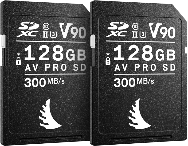 800q-01_127889 ANGELBIRD SD Match Pack for Canon AV Pro V90 Mk2 sisältää kaksi mustaa 128 Gt:n SDXC-korttia, joissa kummassakin on merkinnät "AV PRO SD" ja "V90", ja joissa on 300 MB/s lukunopeus. Kortit on esitetty vierekkäin valkoisella tekstillä ja pienillä logoilla.