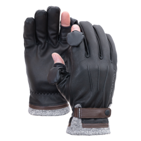800q-01_129010 Vallerret Duke Photography Glove - XS on kuvassa mustaa nahkaa ruskeilla hihnoilla ja harmailla neulotuilla hihansuilla. Peukalon ja etusormen kärkisuojukset kääntyvät taaksepäin ja kiinnittyvät, jolloin sormet tulevat näkyviin. Sekä kämmen- että selkänäkymät näytetään.