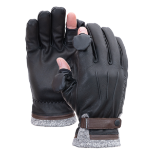 Vallerret Duke Photography Glove - XS on kuvassa mustaa nahkaa ruskeilla hihnoilla ja harmailla neulotuilla hihansuilla. Peukalon ja etusormen kärkisuojukset kääntyvät taaksepäin ja kiinnittyvät, jolloin sormet tulevat näkyviin. Sekä kämmen- että selkänäkymät näytetään.
