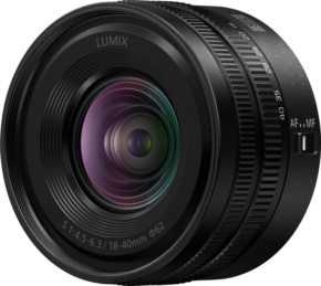 800q-01_129821 Close-up of the Panasonic Lumix S 18-40mm f/4.5-6.3 lens, highlighting its glass elements and detailed barrel markings.