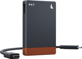 800q-01_130221 Tyylikäs, suorakulmainen Angelbird Cardreader PKT - CFexpress 2.0 Type A, jossa on kuparinen pohja, valkoinen lintulogo ja liitetty USB-C-kaapeli, on sijoitettu yksinkertaista taustaa vasten.
