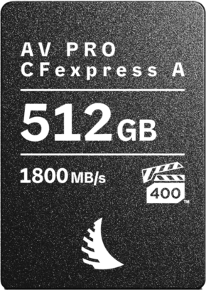800q-01_130224 Lähikuva Angelbird CFexpress Type A -muistikortista (512 Gt, VPG400), jonka lukunopeus on 1800 MB/s ja kirjoitusnopeus 1650 MB/s. Kortissa on myös 400-merkkinen klapikorttikuvake.
