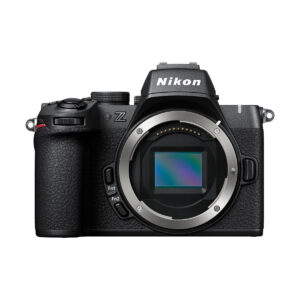 nikon_z50_ii_06 Front view of the Nikon Z50 II system camera body without lens, showing the sensor and controls against a white background.