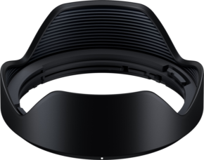 800q-01_123168 Black, petal-shaped Tamron lens hood for 20-40mm Di III (A062S) with ribbed interior, shown against a white background. Designed to be attached to the camera lens to reduce glare and flare.