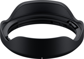 800q-01_123580 Tamron Lens Hood for 20mm f/2.8 & 24mm f/2.8 Sony FE (F050 & F051) is a black petal-shaped accessory with a ribbed interior and smooth exterior, shown against a white background.