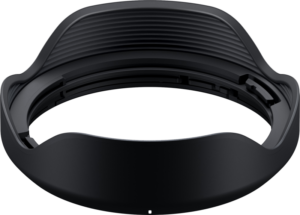 Tamron Lens Hood for 20mm f/2.8 & 24mm f/2.8 Sony FE (F050 & F051) is a black petal-shaped accessory with a ribbed interior and smooth exterior, shown against a white background.