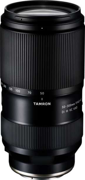 800q-01_128310 The black Tamron 50-300mm F/4.5-6.3 Di III VC VXD lens, Sony E, stands upright against a white background and features zoom and focus rings with clear focal length markings.