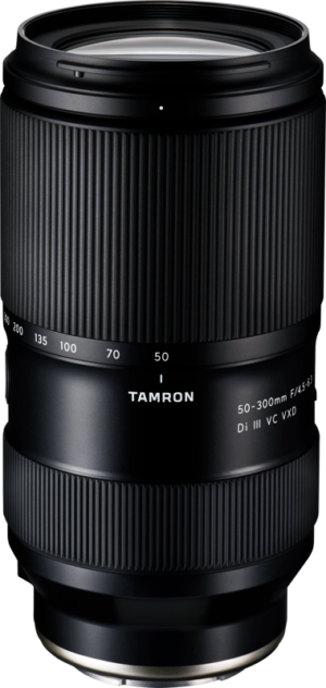 The black Tamron 50-300mm F/4.5-6.3 Di III VC VXD lens, Sony E, stands upright against a white background and features zoom and focus rings with clear focal length markings.