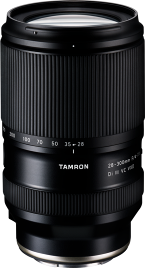 800q-01_128679 The black Tamron 28-300mm f/4-7.1 Di III VC VXD lens (Sony E) with white marking appears on a white background, with textured focus rings and zoom rings and a sleek, modern design.
