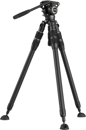 800q-01_129919 SmallRig 4643 Carbon Fiber Tripod Kit with Head FT-S303 on musta ammattikäyttöön tarkoitettu kolmella säädettävällä jalalla, nestepäällä ja kahvalla varustettu kolmijalkainen kolmijalka, joka mahdollistaa sujuvan panoroinnin.