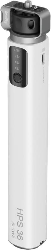 800q-01_130013 The SmallRig 4552 HPS36 Handheld Power Bank Stick is a white cylindrical device with a display, buttons and a metal screw mount designed to charge or hold electronic accessories.