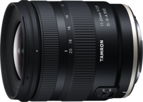 800q-01_130115 Close-up of the Tamron 11-20mm F/2.8 Di III-A RXD lens, Canon RF, highlighting the zoom and focus rings, AF/MF switch and detailed branding on the lens barrel.
