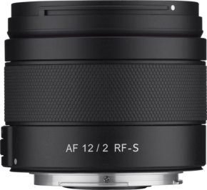 800q-01_130216 The black Samyang AF 12mm F/2.0, Canon RF-S lens with textured grip is displayed from the side against a plain background, and features the AF 12/2 RF-S label, as well as autofocus and aperture information.