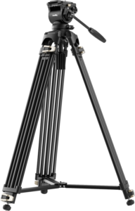 SmallRig 4686 Heavy-Duty Fluid Head Video Tripod Kit AD-01S, musta, sisältää nestepään, kolme säädettävää jalkaa, tukiraudat ja panorointikahvan, kuvassa vaaleanharmaalla pohjalla.