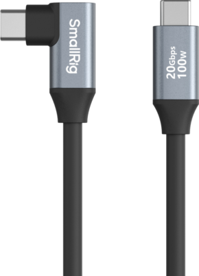 800q-01_130237 The SmallRig 4790 USB-C data cable (35 cm) has one straight and one right-angle connector, both black and marked "20Gbps 100W".
