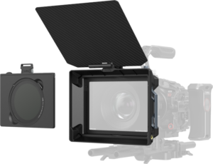 The SmallRig 5011 Matte Box Kit with CPL & VND Filters is shown attached to the camera, with a large top flag, and a round filter displayed separately on the left.