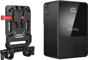 SmallRig 5049 V-Mount Battery Mini VB99 Kit (3580 & 3016) sisältää mustan kameran kiinnityslevyn, jossa on useita reikiä ja punainen vipu, kuvassa kompaktin mustan akun vieressä, jossa on merkintä SmallRig ja 99 ja LED-näyttö 100 %.