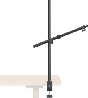 800q-01_130247 The SmallRig 4938 Desktop Support Kit is a black adjustable desktop support arm with vertical and horizontal poles that attach to the edge of a lightweight wooden desk and are designed to hold devices such as cameras or microphones.