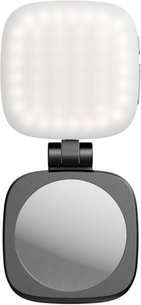 800q-01_130251 SmallRig 4656 Vibe P48 Irrotettava matkapuhelin-LED-videovalaisin (musta) sisältää neliönmuotoisen LED-paneelin pyöreän heijastavan peilin yläpuolella, ja molemmat on sijoitettu tyylikkääseen mustaan kehykseen kompaktia, valaistua käyttöä varten.