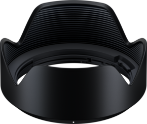 800q-01_130273 The Tamron Lens Hood for 28-300mm (A074S) is black with a petal-shaped, curved design and a brushed inner surface, shown from the front against a white background.