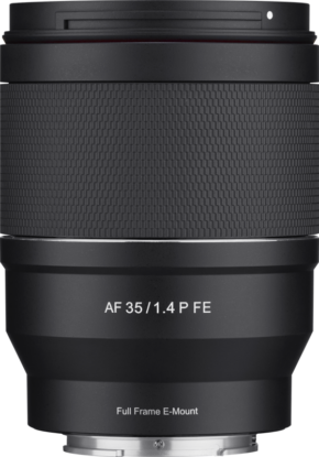 800q-01_130447 Close-up of a Samyang AF 35mm F/1.4 P Sony FE lens with textured grip and Full Frame E-Mount label, vertical against a white background.