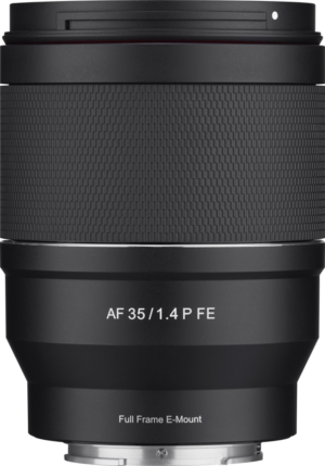 800q-01_130447 Close-up of a Samyang AF 35mm F/1.4 P Sony FE lens with textured grip and Full Frame E-Mount label, vertical against a white background.