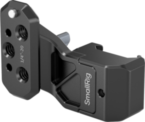 800q-01_130458 The SmallRig 4458 Side Handle Extension Adapter Part with NATO Clamp is a black metal bracket with multiple 1/4"-20 threaded holes and a sturdy, angled design for attaching gear.